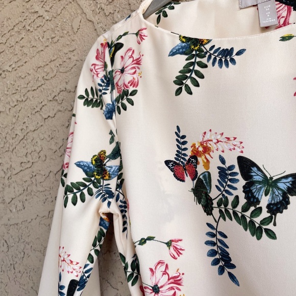 H&M Cream Blue & Pink Butterfly Floral Printed 3/4 Sleeve Belted Boatneck Dress - Picture 17 of 17